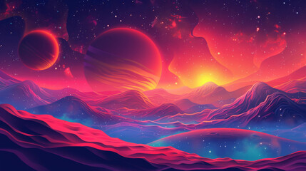 A vibrant, surreal illustration of alien planets in a colorful nebula with mountains under a starry sky.