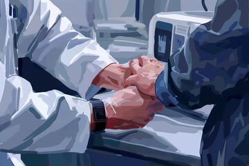 Wall Mural - closeup of doctor performing ultrasound examination on patients wrist in clinic digital illustration