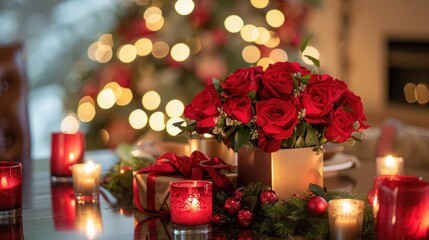 Canvas Print - A stunning arrangement of red roses accompanied by a gift box and flickering candles graces the table in a room dressed up for a romantic Valentine s Day celebration