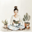 Minimalistic watercolor of a self-care activities such as exercising, reading, or practicing relaxation techniques on a white background, cute and comical.