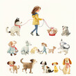 Minimalistic watercolor of a taking care of pets, including feeding, grooming, and walking them on a white background, cute and comical.