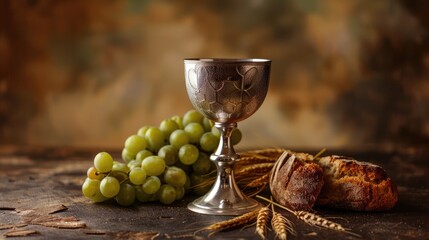 During the Easter service a sacred chalice containing wine bread grapes and wheat sits ready for Holy Communion