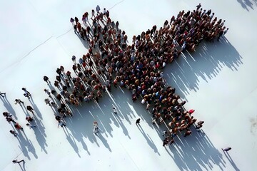 Wall Mural - aerial view of a crowd grouped in the shape of a plus sign