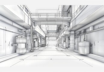 Aufkleber - Industrial building wireframe rendering with architectural and construction details