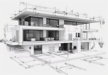 Aufkleber - Wireframe rendering of a contemporary house with technical details