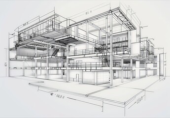 Aufkleber - Wireframe rendering of a contemporary house with technical details