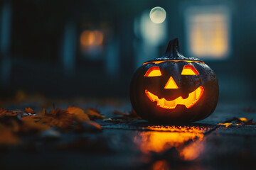 Halloween pumpkins with witch hat on wooden background with bokeh