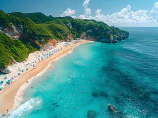 Wall Mural - Sunny day beach packed with people aerial photo