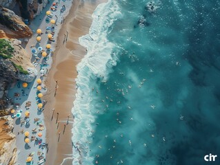 Wall Mural - Bird�s eye view of bustling beach in sunshine