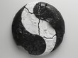 A fractured, black and white yin yang symbol, representing the balance of opposites, rule of thirds composition, crisp edges