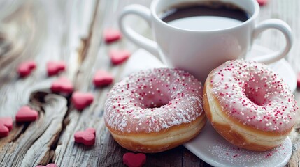 Sticker - Indulge in delightful heart shaped donuts paired perfectly with a piping hot cup of coffee