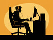 Silhouetted IT Professional Working at Computer Desk During Sunset.