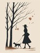 Elegant Woman in Hat Walking Dog Under Autumn Trees with Falling Leaves.