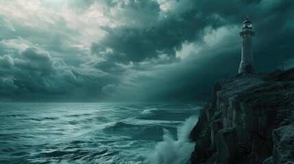 A lighthouse stands on a cliff above the ocean on a cloudy day, with water below, cumulus clouds in the sky, and wind waves on the horizon AIG50