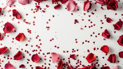 Poster - A delicate arrangement of rose petals forms a frame scattered with confetti against a pristine white backdrop creating the perfect Valentine s Day setting This flat lay image offers a top v