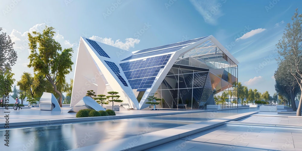environment, flat design, solar cells on a futuristic public building ...