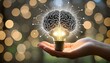 Hand holding drawing virtual light bulb with brain on bokeh background for creative and intelligent thinking