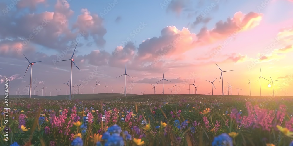 environment, flat design, wind turbines in a field of wildflowers Stock ...