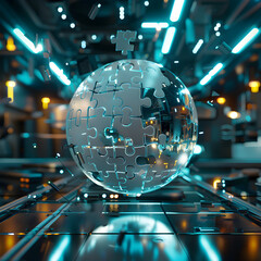 Wall Mural - a puzzle piece is floating in the air above a city. the puzzle piece is surrounded by a bright, neon