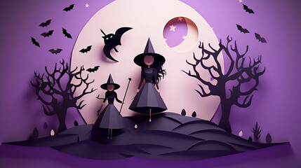 Two witches are standing on a hill with bats flying around them