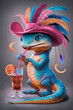 Colorful, Quirky Lizard Character Sipping Juice with Vibrant Hat Adorned with Feathers and Oranges.