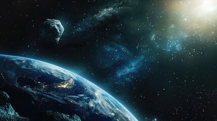 Canvas Print - A massive asteroid hurtling through space towards Earth poses a potential threat This cosmic scene features a menacing asteroid looming close to our planet with elements of the image provid