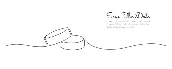 Fototapete - Wedding rings in one continuous line drawing. Love and romantic concept and symbol of proposal engagement for invitation in simple linear style. Editable stroke. Doodle contour vector illustration