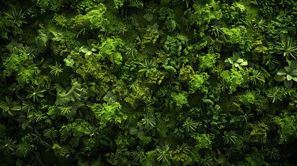 A lush green plant wall with many different types of plants. The plants are all green and appear to be thriving. Concept of growth and vitality, as well as a connection to nature