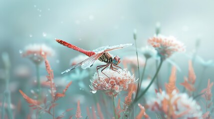 A dragonfly is perched on a pink flower