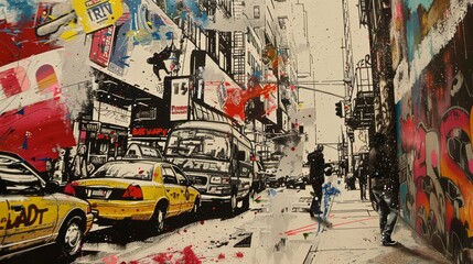 Naklejka na meble A group of people walk down a street with graffiti on the walls