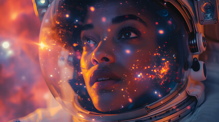 close-up of african american female astronaut gazing at the universe with a fascinated expression. s