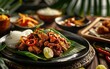 Spicy pork stir-fry with tangy lime on a leaf
