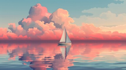 Wall Mural - A white sailboat is sailing on a calm body of water