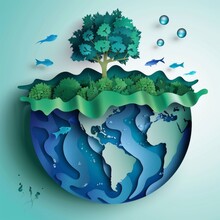 A Paper Cutout Of The Earth With Trees, Water And Fish On It. The Planet Is Made In Blue Color With Green Details. A Large Tree Grows At One Point On Top Of Earth. 