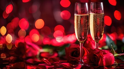 Poster - Romantic setting of champagne and roses for Valentine s Day