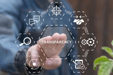 Wall Mural - man working on virtual touch screen presses word: transparency. business transparency and accountabi