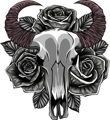 Poster - Cow or bull skull with roses. Outline vector illustration isolated on white background