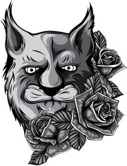 Sticker - vector illustration of monochrome lion with rose on white background