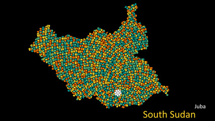 Wall Mural - A map of South Sudan is presented as a mosaic with a dark background, and the country's borders are outlined in the shape of a colorful mosaic, centered around the capital city.