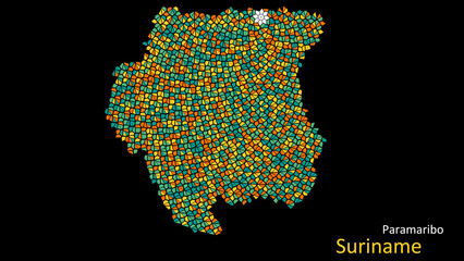 Wall Mural - A map of Suriname is presented as a mosaic with a dark background, and the country's borders are outlined in the shape of a colorful mosaic, centered around the capital city.