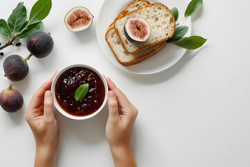 Wall Mural - Fig jam, plate and toaster bread in hand on white background, top view