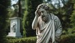 © narak0rn - Humorous scene of a marble statue in a classic toga, dramatically facepalming, set in a serene park with softfocus greenery in the background.