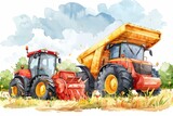 Fototapeta  - Automated agricultural machines, watercolor illustration, isolated background.