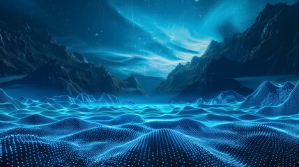 Wall Mural - Futuristic digital landscape with glowing blue lattice and mountains - abstract cyber technology background