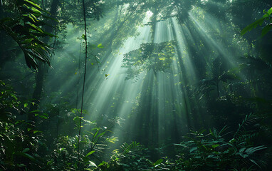 harmonious photo of sunlight penetrating the dense forest canopy