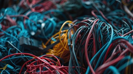 Close-up of tangled wires in a messy pile