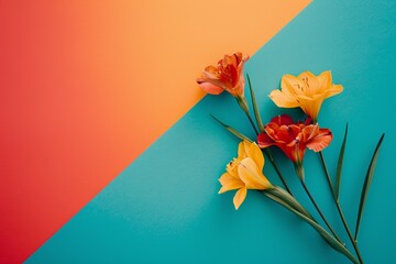 Vibrant orange and yellow lilies with lush green leaves elegantly arranged on a diagonal split background of vivid orange and turquoise