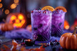 Halloween themed cocktail drink surrounded by spooky decorations