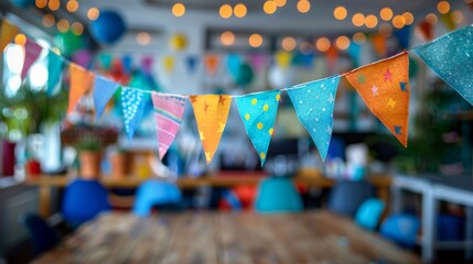 Colorful triangular flags hung across an office space decorated for a festive celebration, with blurred background showing desks and balloons