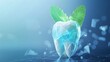 © Love Muhammad - In a futuristic digital polygonal style on a blue background, a tooth displays a mint leaf in an attempt to convey the idea of cleanliness and freshness in the mouth